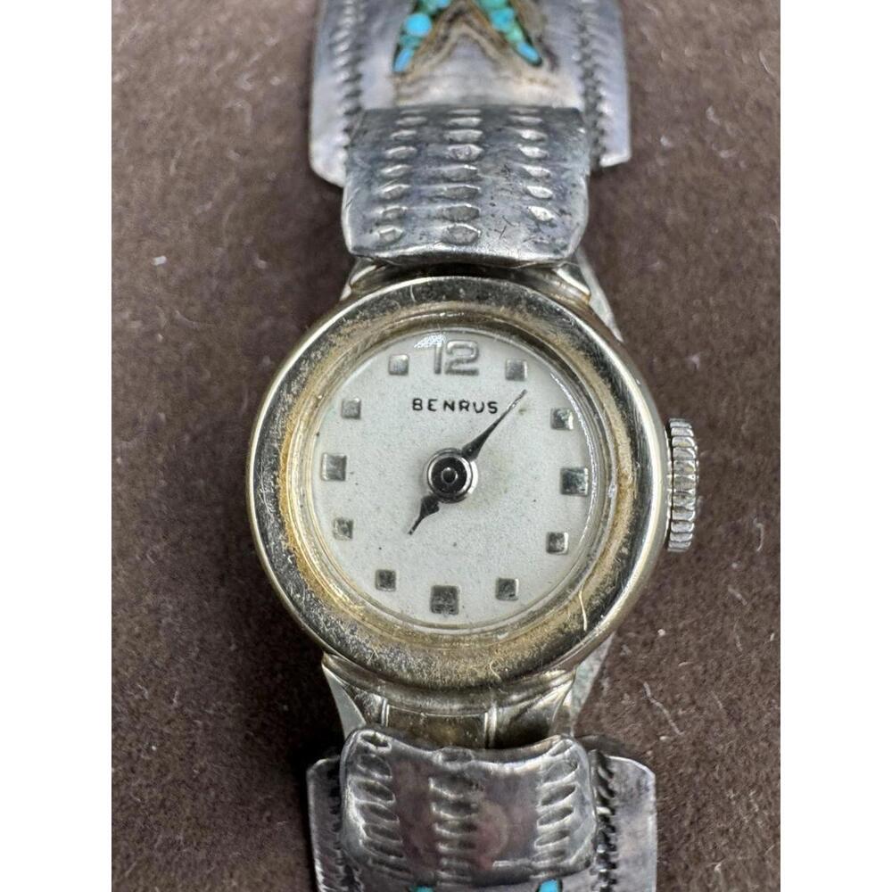 Vintage Navajo Sterling Silver Turquoise Coral Benrus Watch Cuff PK Hallmark Non